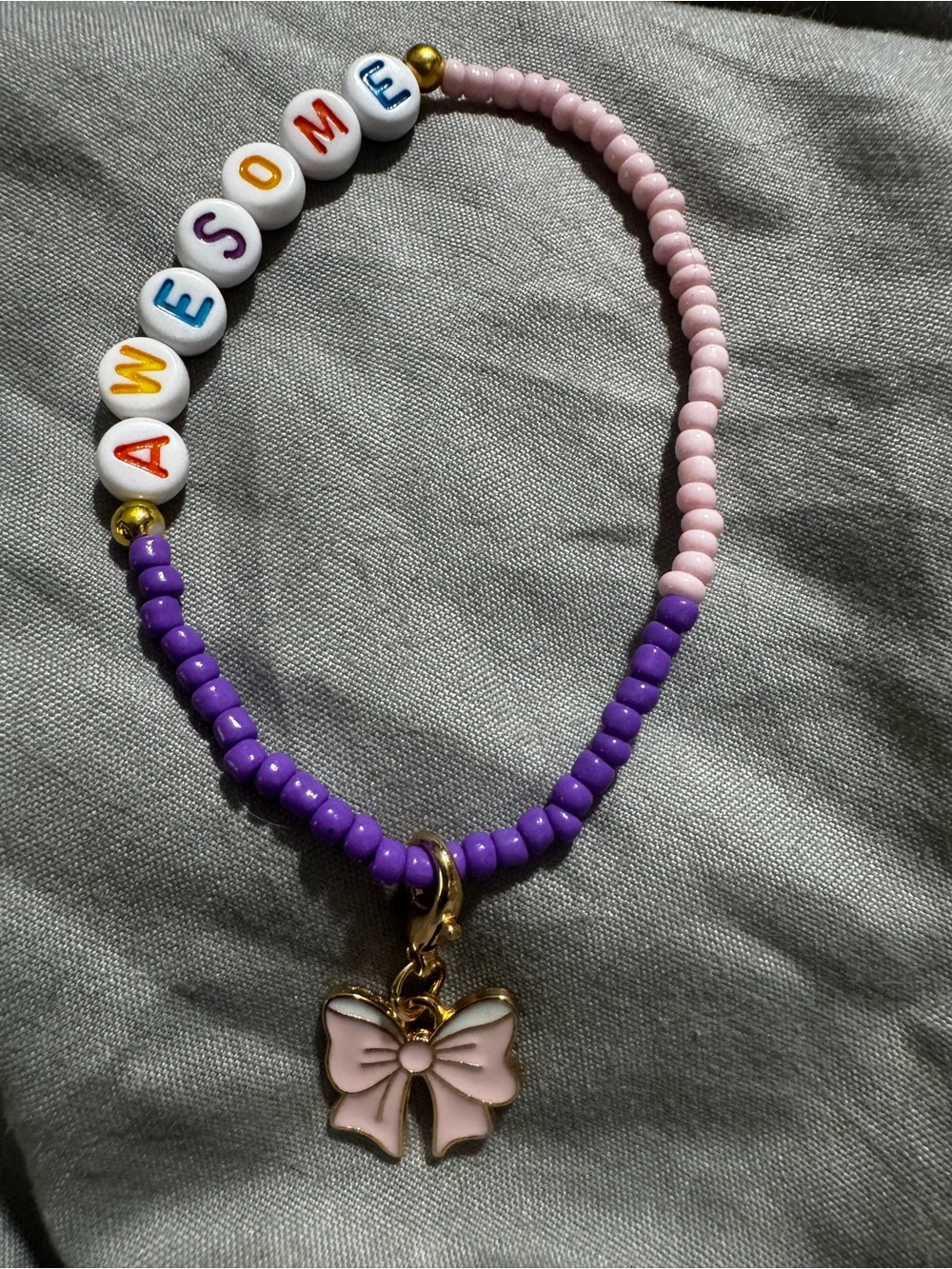 Kids Beaded 'AWESOME' Bracelet with Pink Bow Charm - Pink & Purple